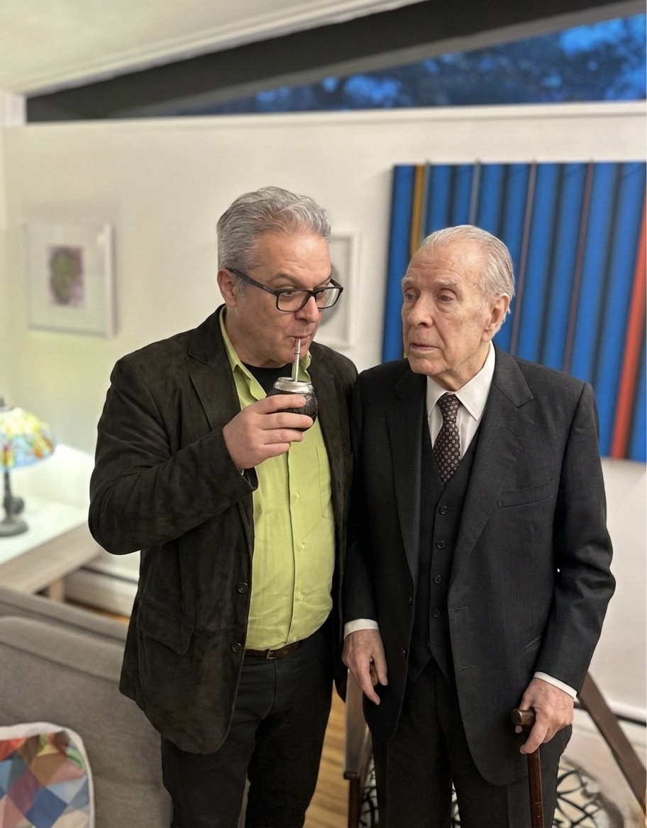Rafael Benedetti and Jorge Luis Borges sharing yerba mate in a living room in Lexington, MA.